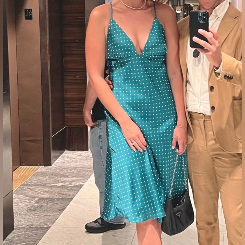 Privacy Please Green polka dot silk midi dress. Size S
